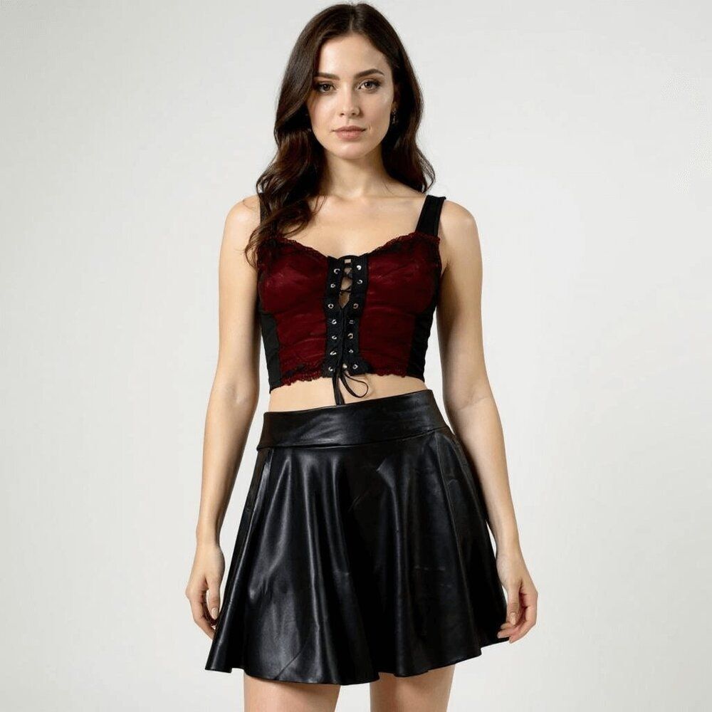 Black Faux Leather Wavy Mini Skirt